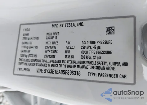 2025 Tesla Model 3 Long Range Rear-Wheel Drive из США, поврежденный, VIN 5YJ3E1EA0SF898318